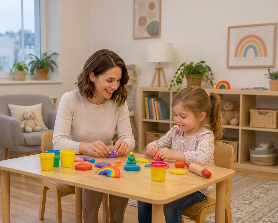 A clinician and a young child shaping colorful modeling clay together at a low wooden table in a bright, welcoming playroom